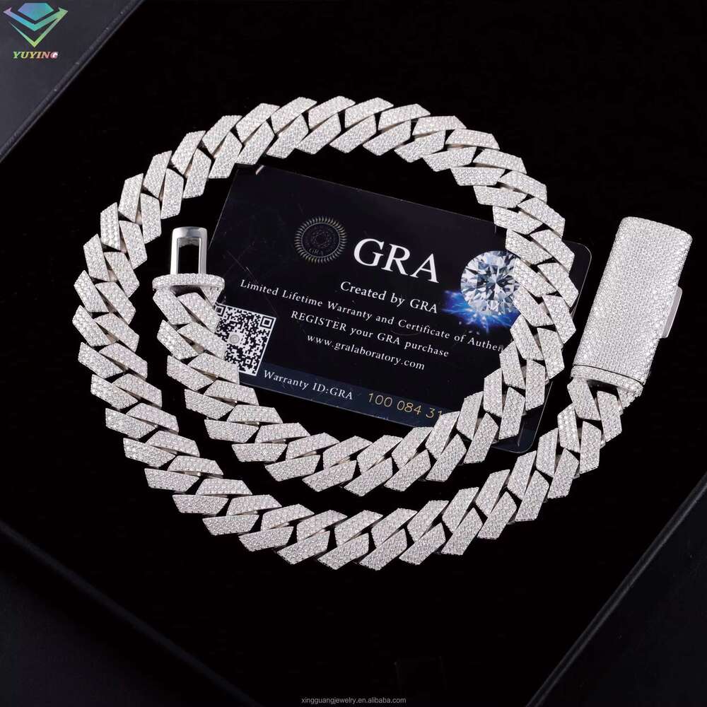 Hip Hop Jewelry k Necklace 3rows 15mm Sterg Sier VVS Moissanite Iced Out Dia Cuban Chain for Men