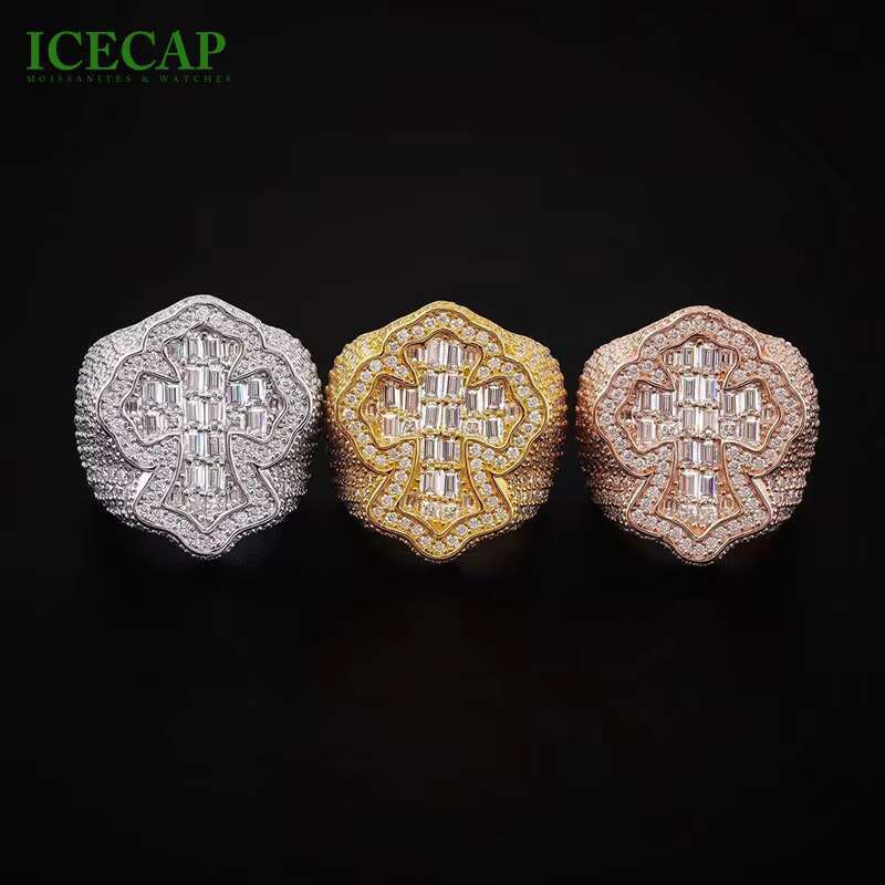 Fashion New Design Cross Shape Ring White Yellow Rose Gold Color VVS Round Baguette Moissanite Jewelry Rings