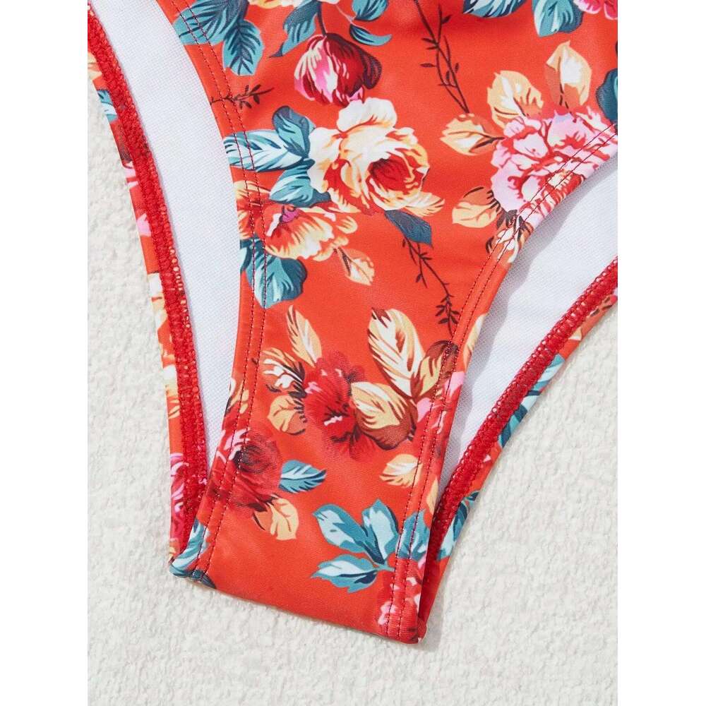 2025 New Red wer Print 2 Piece Swimsuit for Women High Waist Triangle Halter Backless Bikini Set Beach Vacation Bathing Suit