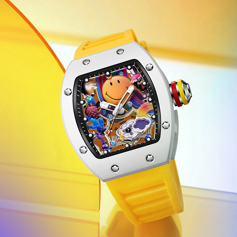 2025 Luxury Fashion Sports New Miller Smiley Cross border Wine Barrel shaped Watch Men's Fashion Watch Night Light Waterproof Hollow Quartz Watch