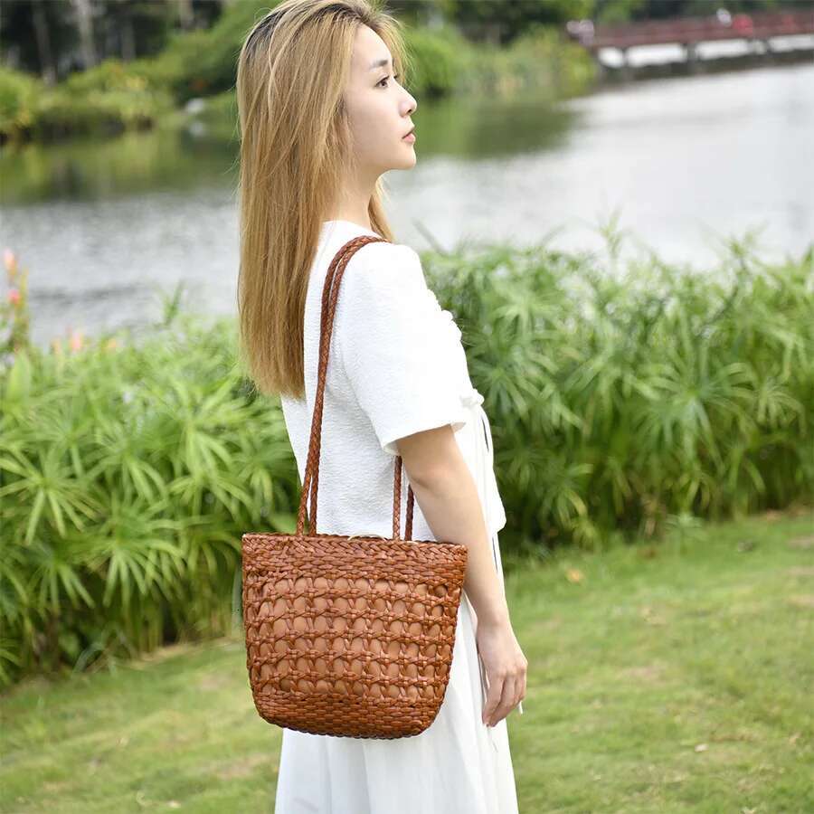 Top Layer Cowhide Single-Shoulder Genuine Leather Retro Hand-Woven Hollow Out Mori Style Women's Bag