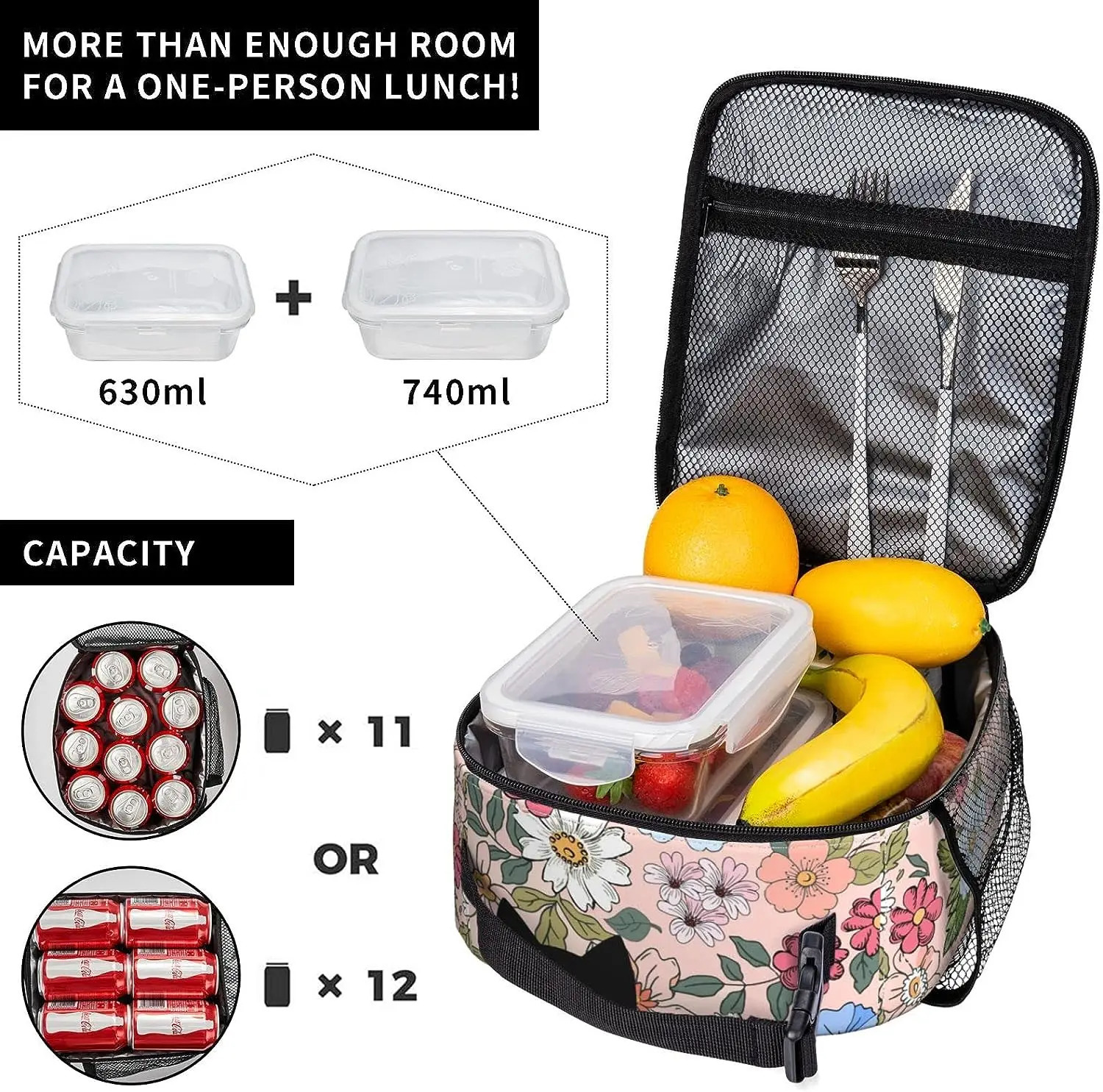 Black Cat Lunch Box Fun Bag for Children Teenagers Girl Adults Coolers Insulated Flower School Work Travel 250401