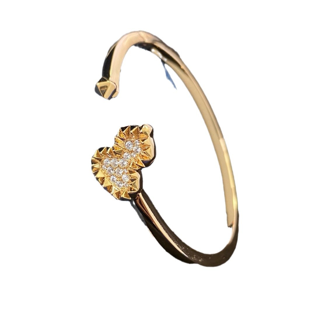 Hollow Gourd Charm Bracelet Inlayed with Half Diamonds - Elegant Open Cuff Jewelry for Women