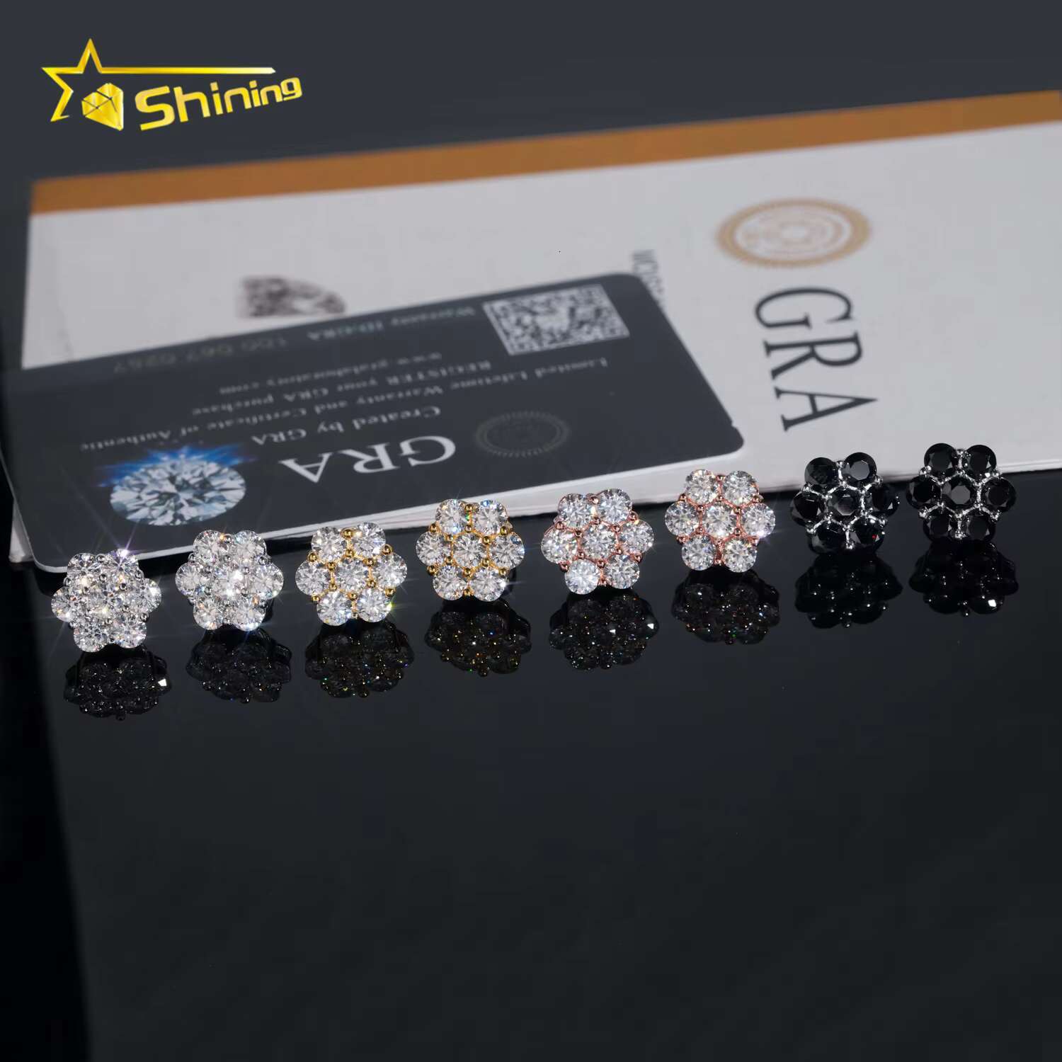 Hot Sale Trendy 12mm Cluster Flower Screw Back Stud Earrings Sier Gold Plated Black Moissanite Pass Dia Tester Earring