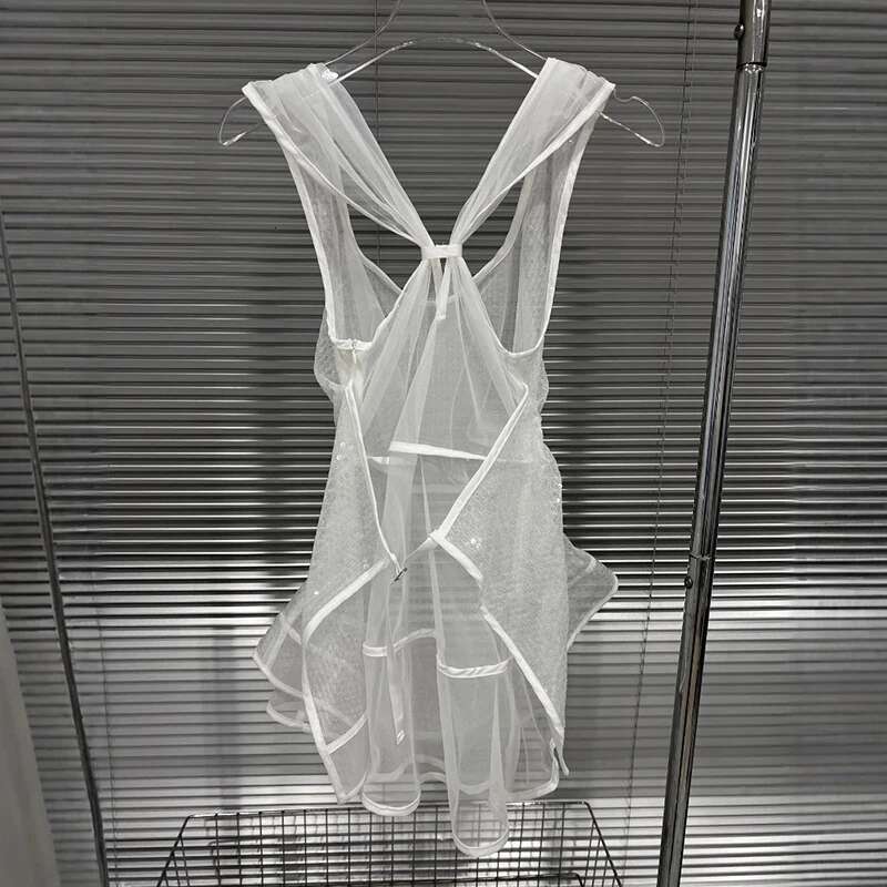 Fashion Women's Transparent Sequined Lace Vest Versatile Outwear Casual Square Collar Tank Tops Female Trendy New 11A03700