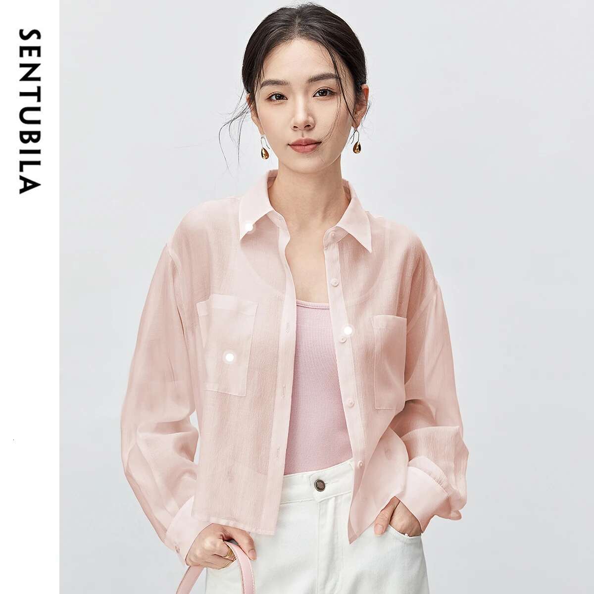 SENTUBILA Lyocell Women Shirt 2025 Spring Summer Lapel Neck Long Sleeve Crop Solid Pockets Lace-up Female Cozy Blouse 142C54323