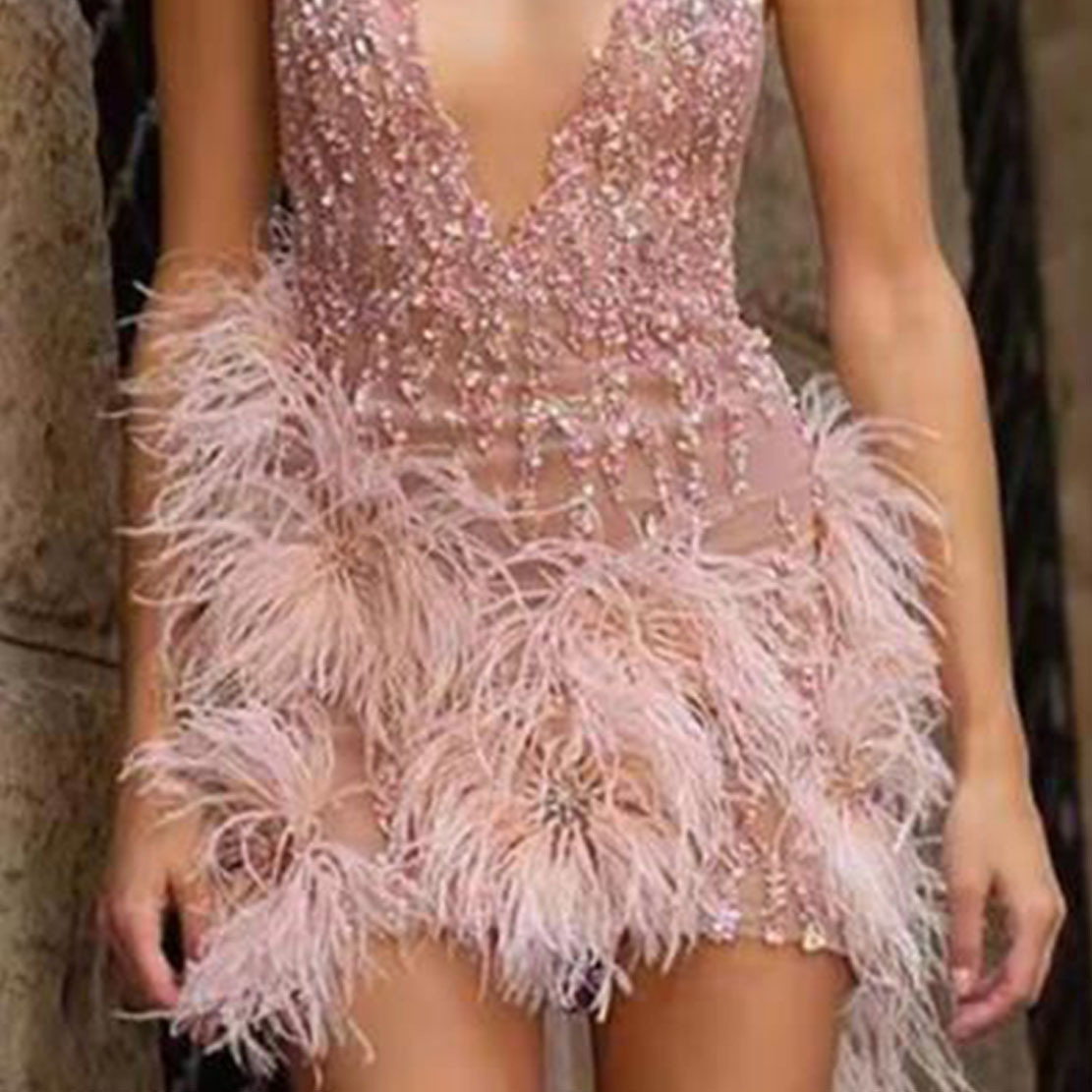 2025 Womens Feather Strap Skirt Deep V-neck Sexy Nightclub Party Dress