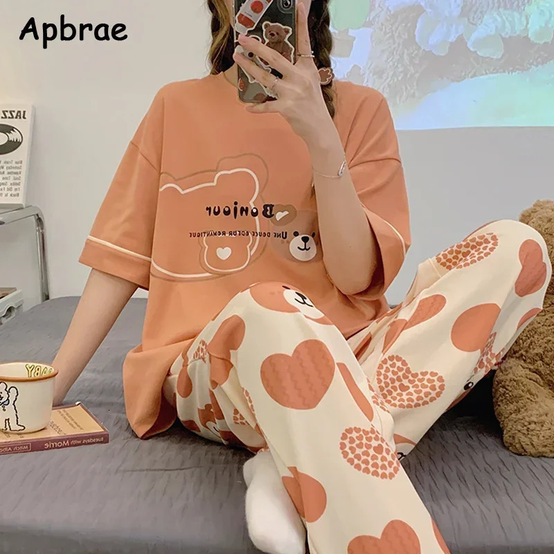 Pajama Soft Cotton Pajamas for Women Summer Short Sleeved Plaid Pants Pijamas Korean Kawaii Rabbit Print Sleepwear 250402