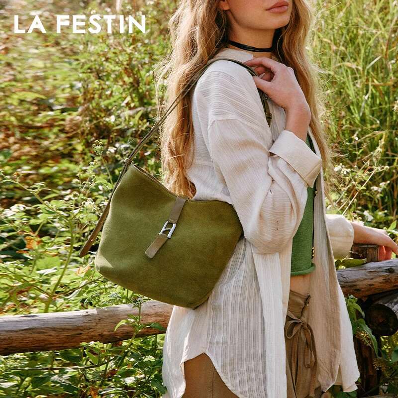 LA FESTIN Original Brand Shoulder 2025 New Suede Handbag Women Fashion Bucket Green Leather Bag