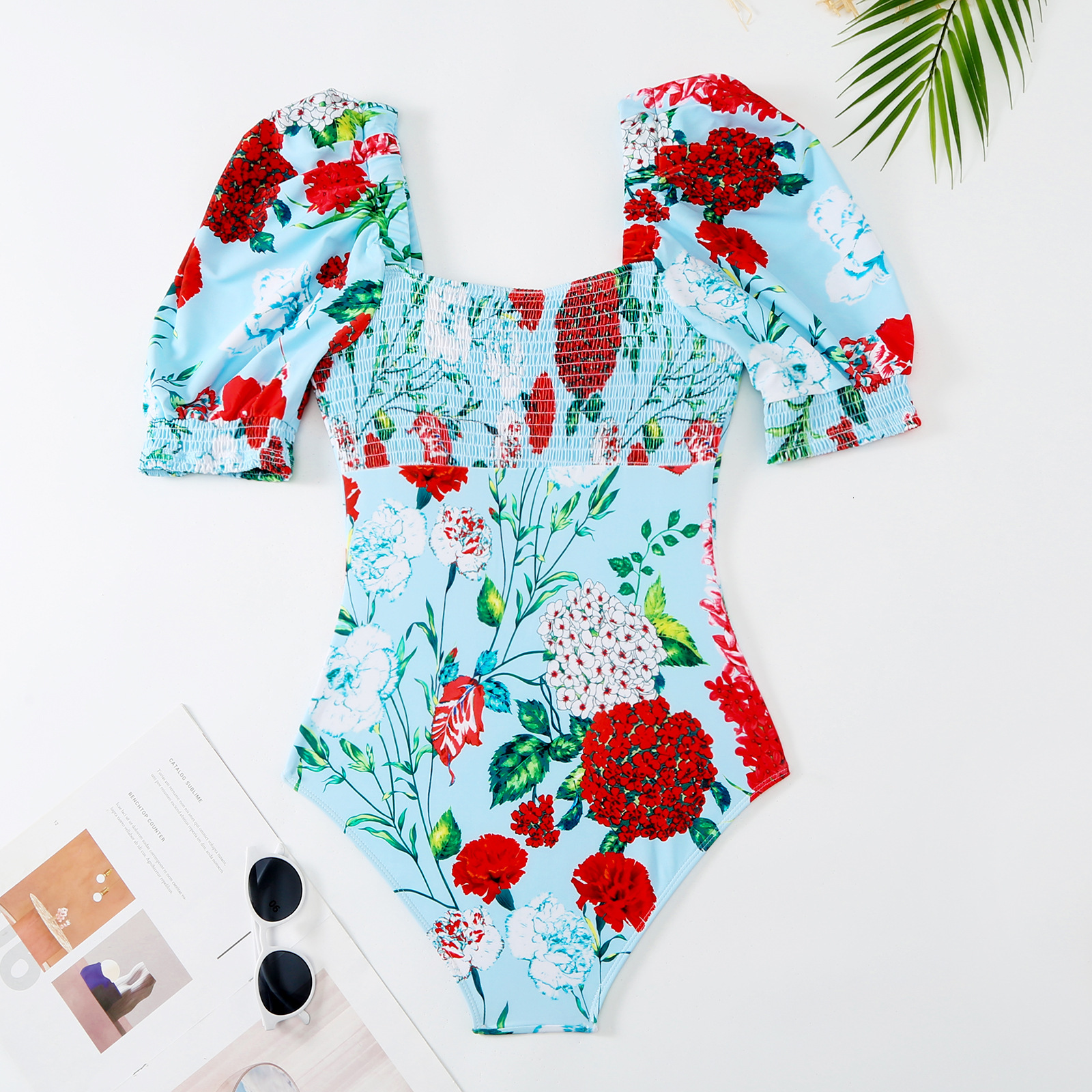 New printed one-piece swimsuit with bubble sleeves for women, slim fit, belly covering, conservative swimming outfit