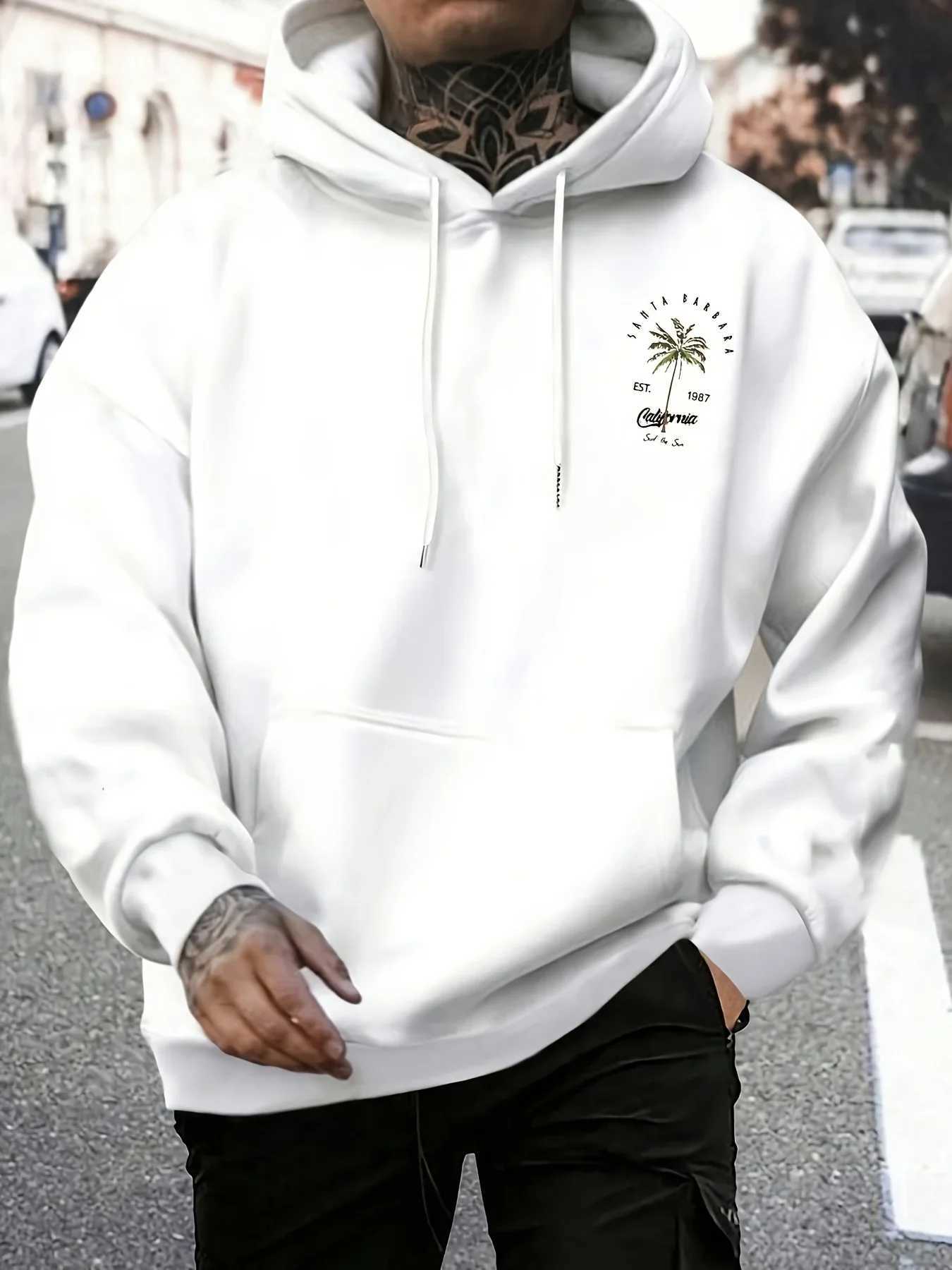 Mens Casual Tropical Palm Tree Print Hooded Sweatshirt with a Loose Fit and Pockets Comfortable Sports Top W251106