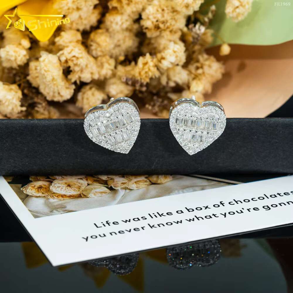 Ready to Ship Hiphop Jewelry 925 Sterling Silver Iced Out baguette Moissanite Diamond Stud Screw Back Earrings for Men