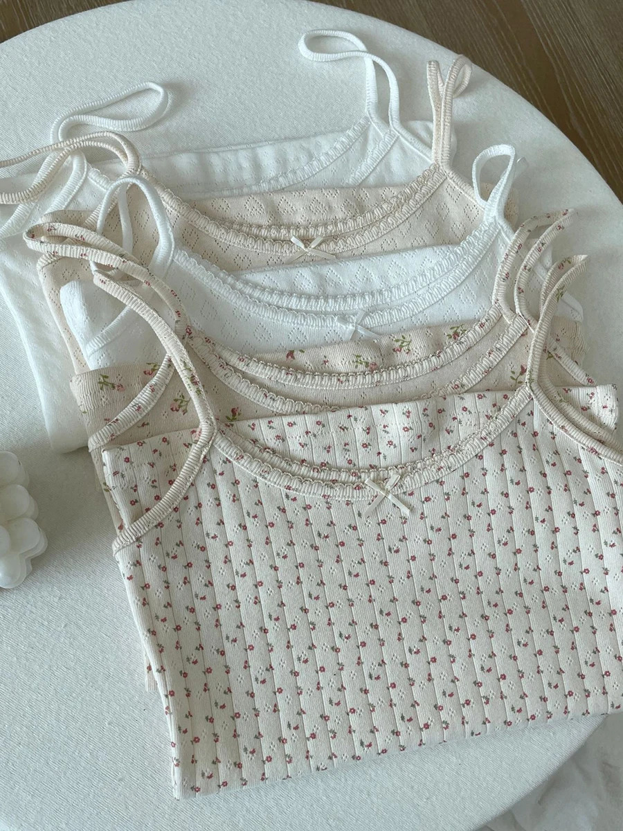 Flower eyed bow cotton crop top summer lace decoration sleeveless slim fit vest womens preparatory student sweet vest Y2k dress 250403