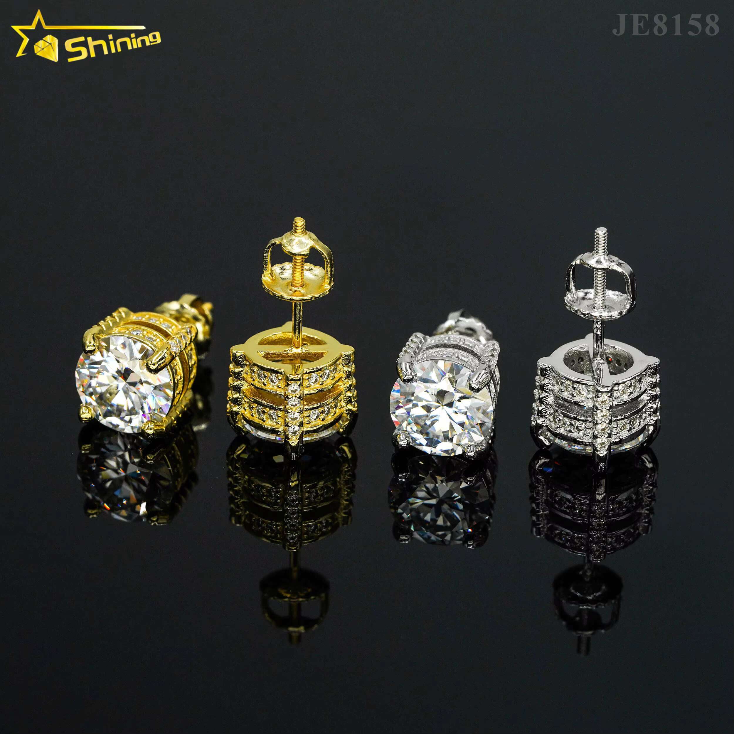 New Arrival Moissanite Gold Plated Sier Jewelry Full Round Side Stones Screw Back Stud Earrings