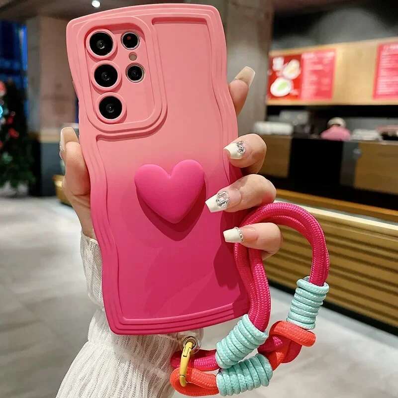 Love Heart Gradient Wrist Strap Case For Samsung Galaxy S25 Ultra S24 FE S23 S21 S20 S22 Plus Note 20 A55 A535 A25 A15 5G A05s