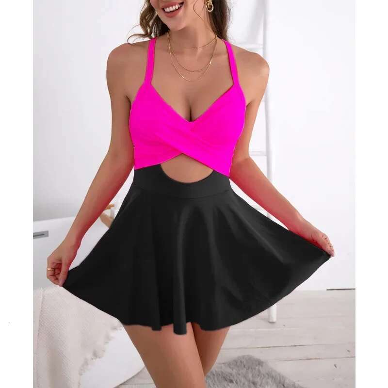 Patchwork Swimwear Women 2023 V-neck One Piece Bikini High Waist Hollow Out Monokini Summer Cross Bandage Backless Beachwear