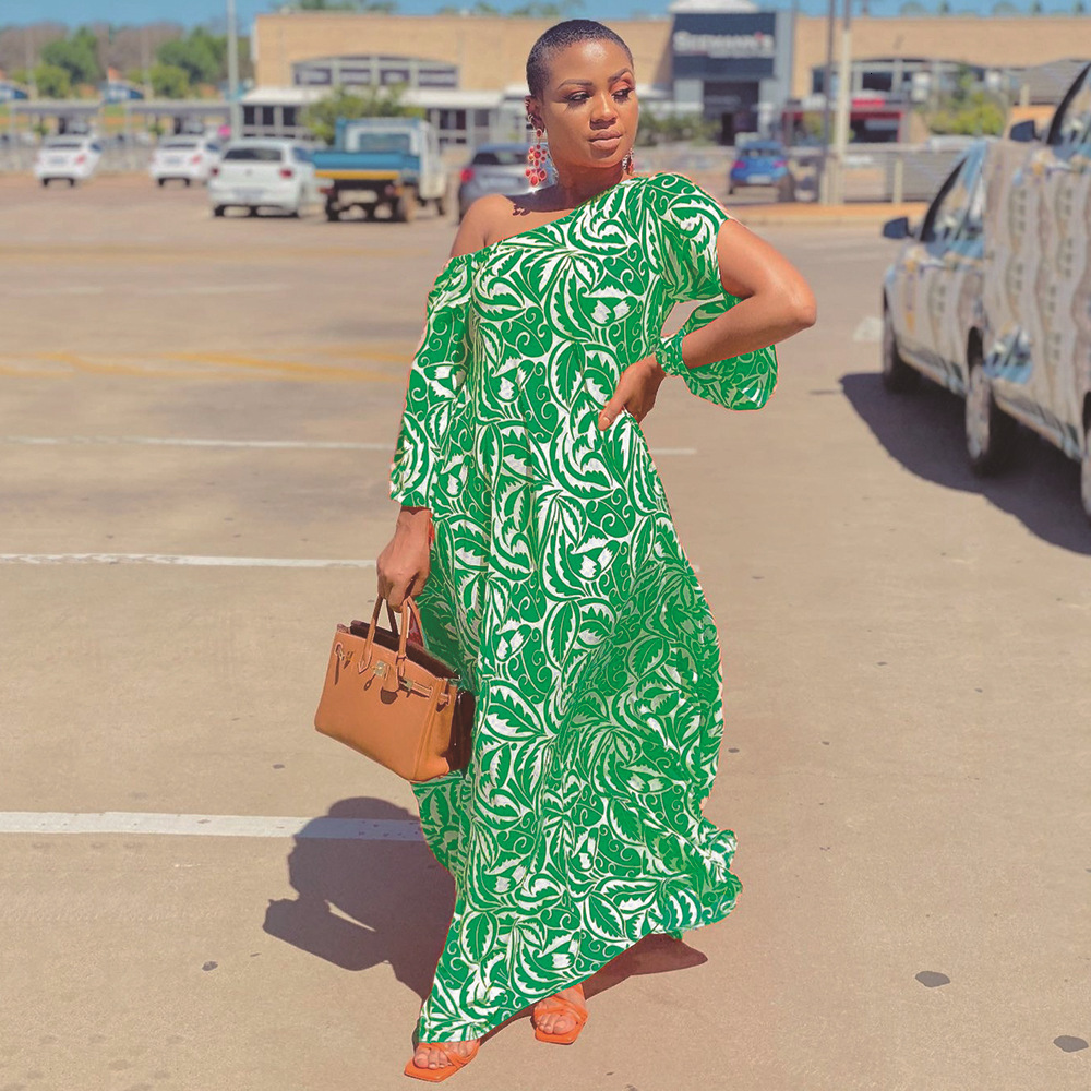 S9310 2025 Summer New Womens Printed Dress with Diagonal Shoulders and Medium Sleeves Loose and Sexy Long Dress