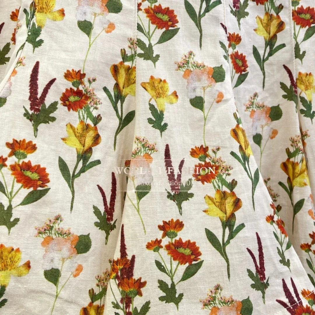 SS high-quality pure linen top and skin set beige ruffled floral print collar sleeveless suspender womens holiday set 250402