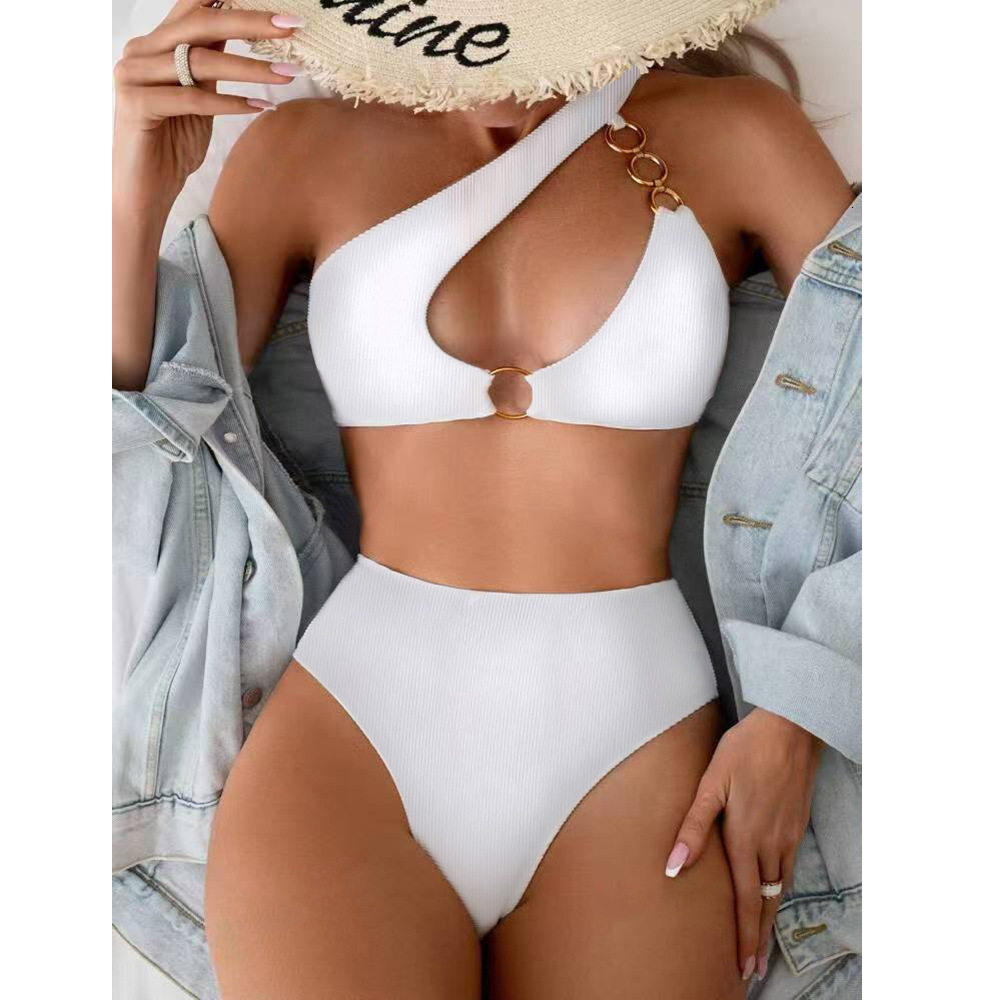 2025 New Single Strap Solid Color Split Triangle High Waist Sexy Bikini Swimsuit for Women