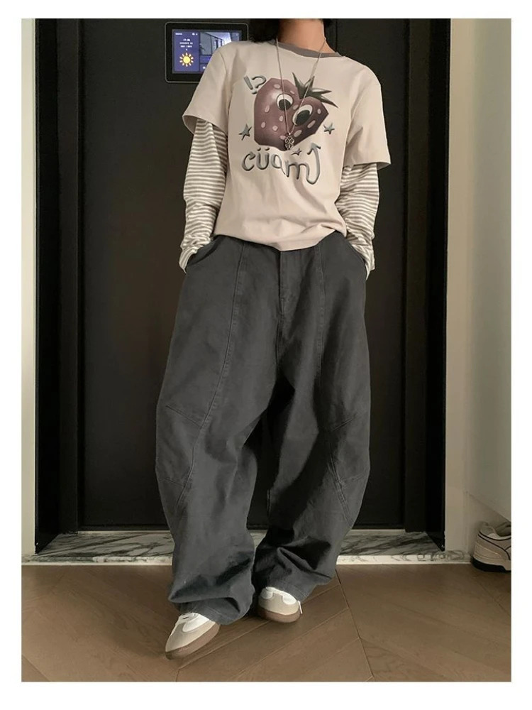 HOUZHOU Y2K Vintage Wash Women Cargo Jeans Harajuku Scimitar Wide Leg American Retro Denim Pants Baggy Trousers Gyaru Streetwear Z260313