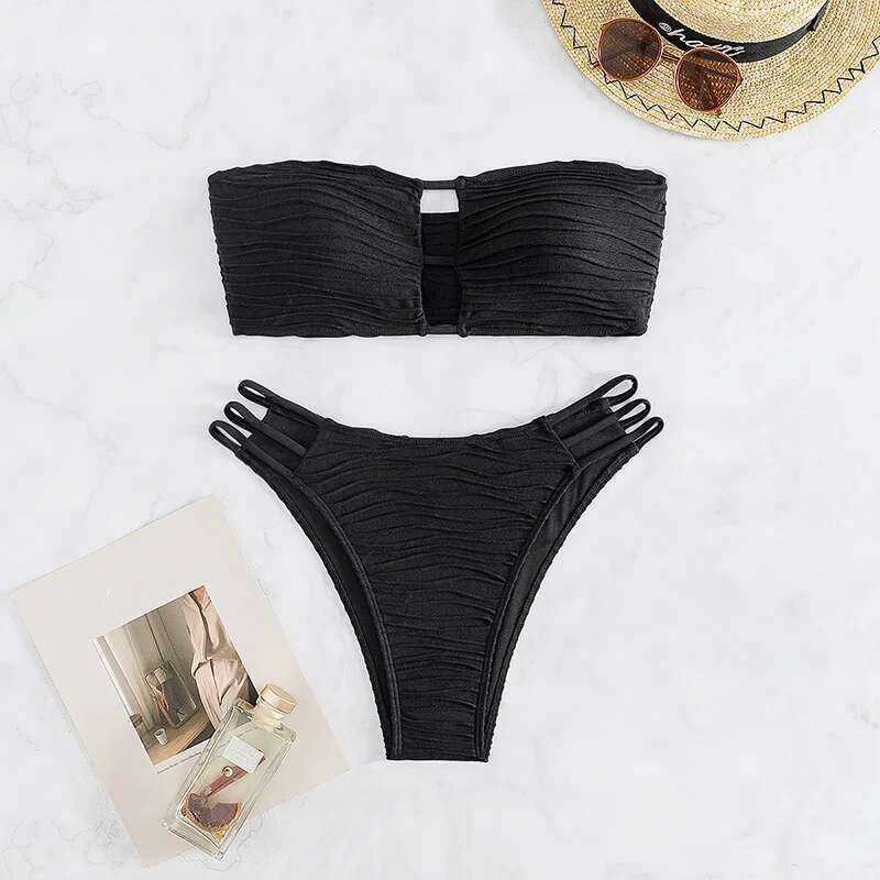 2024 Summer Black Two Piece Women's Swimsuit,sexy High Waist Hollow Out Strapless Bikini,off-shoulder Backless Beach Swimwear