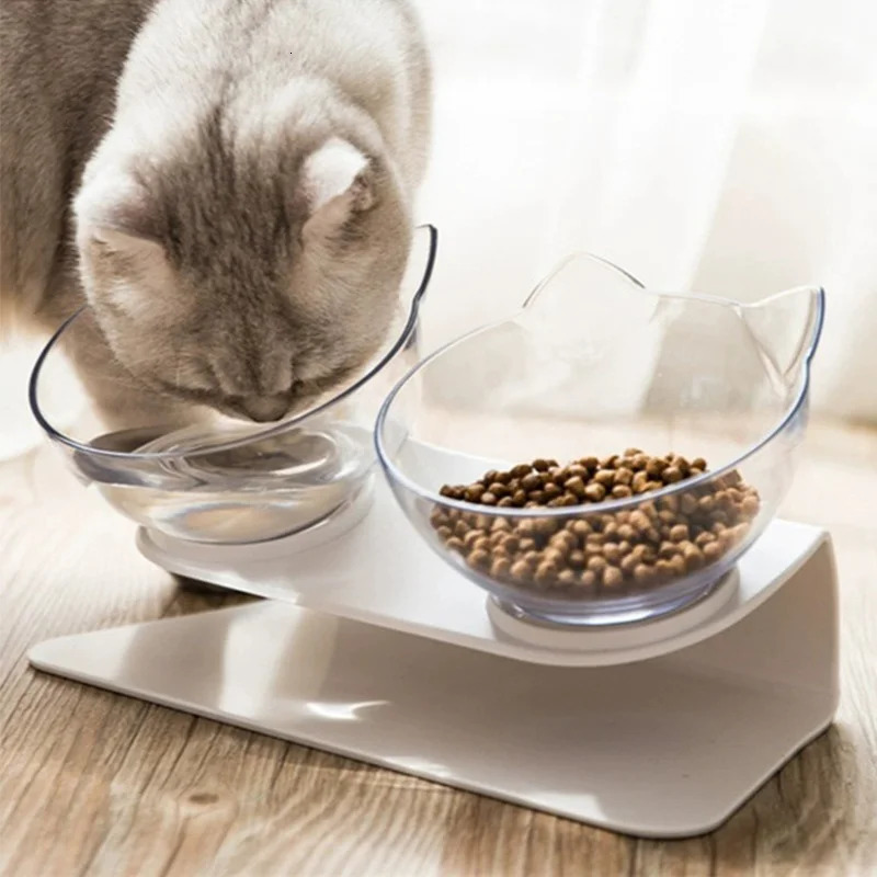 Anti slip double lift cat bowl with stand 15 tilted cat drinking and feeding bowls neck protection pet feeding bowl 250403
