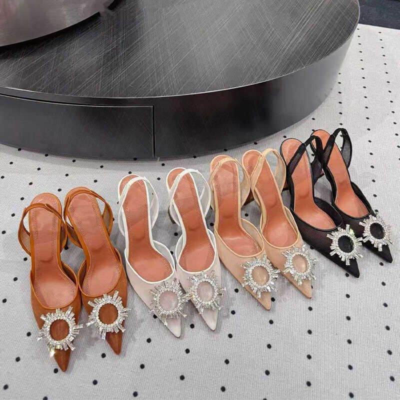 Designer Heels Crystal-Embellished buckle stain Pumps shoes spool Heels sandals women's Luxury Dress Evening Slingback net sandal White wedding shoes size 35-42 box