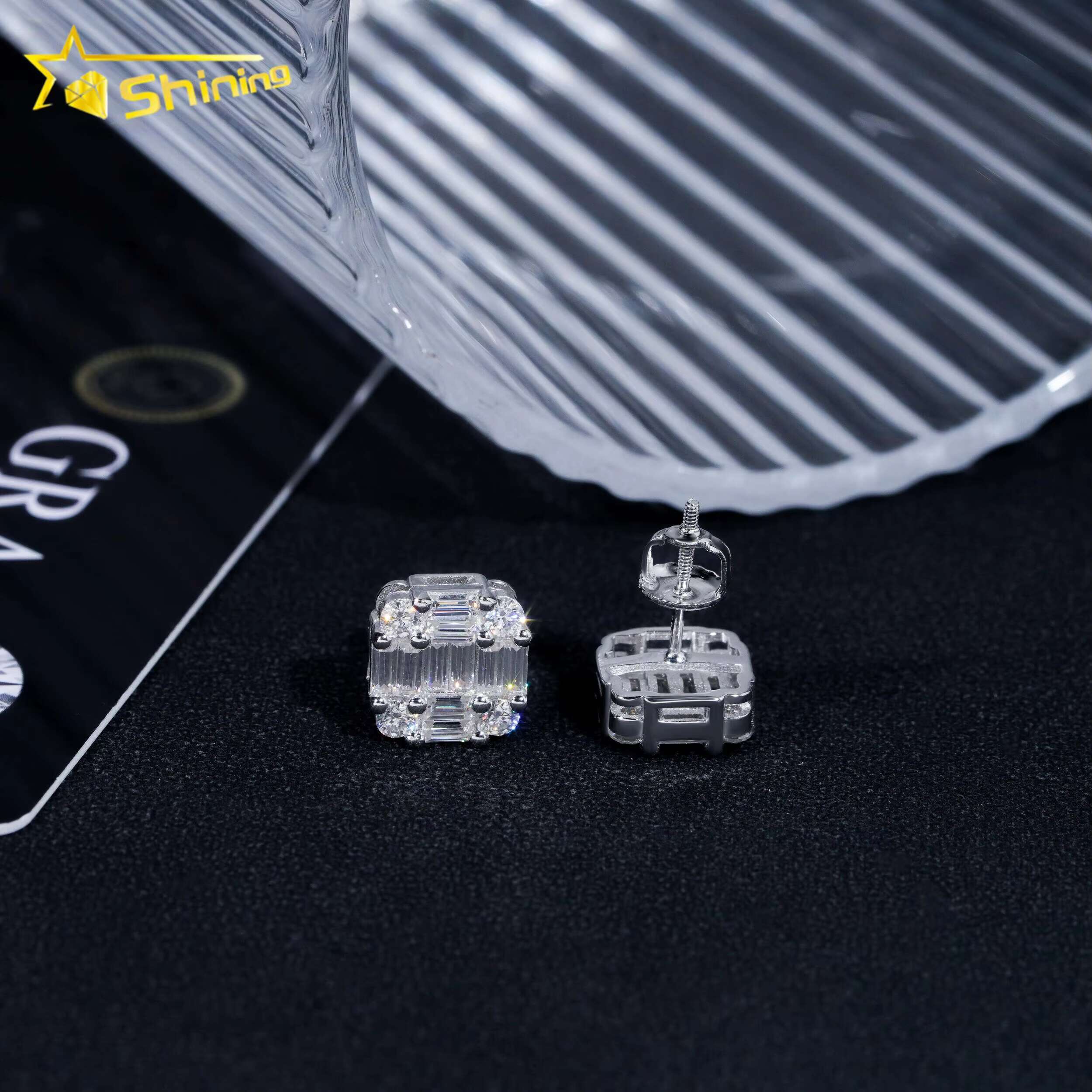 New Arrival Hip Hop Design Baguette Dia VVS Iced Out Moissanite Stud Earrings for Men
