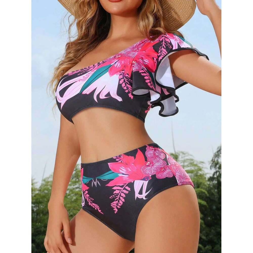 2025 New Women's 2 Piece Swimsuit Sexy wer Print Ruffle Single Shoulder Backless High Waist Bikini Beach Vacation Swimwear