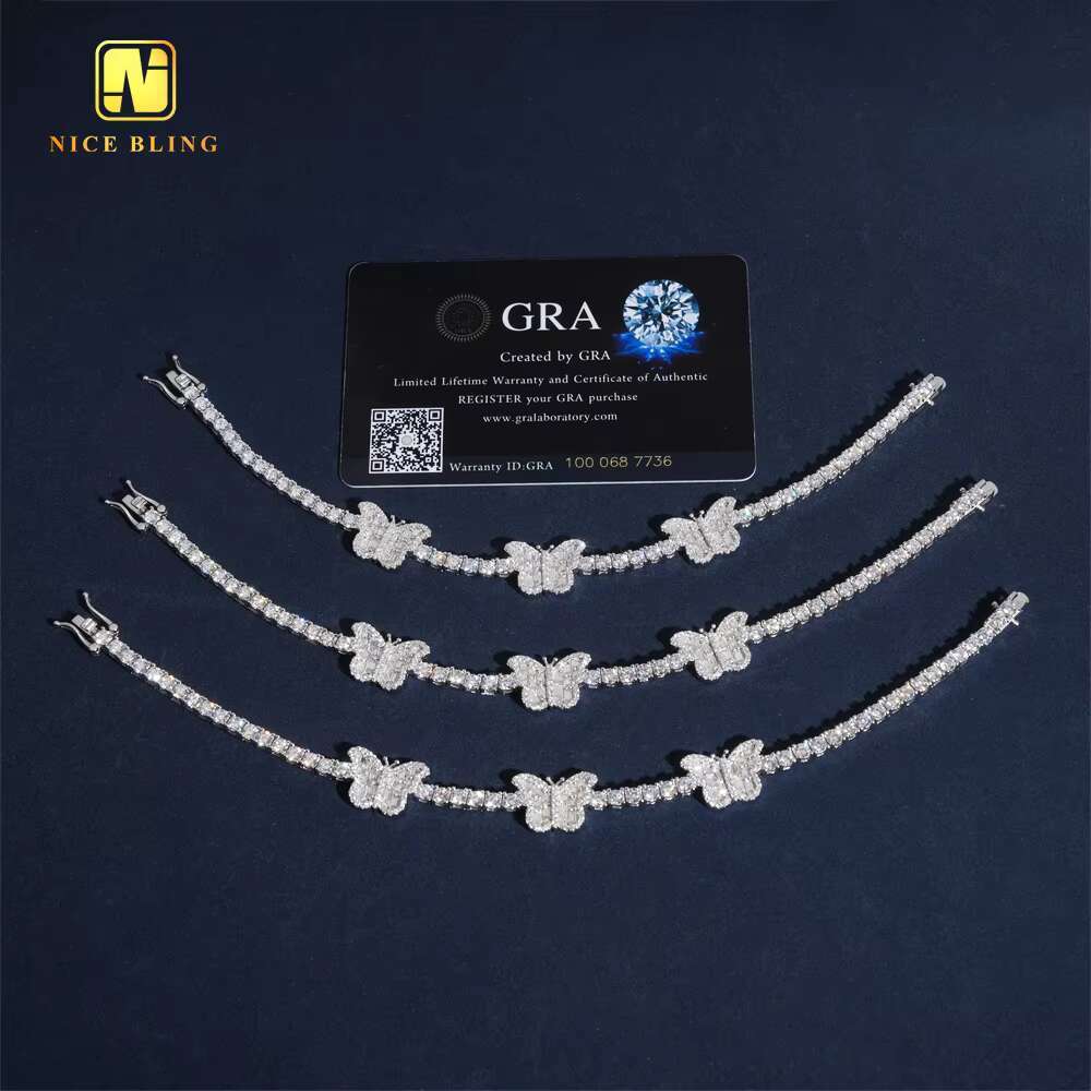 New Butterfly Design Hip Hop Jewelry Custom Iced Out 3mm Round Diamond Tennis Chain 925 Sterling Silver VVS Moissanite Bracelet