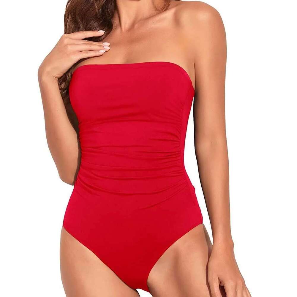 Sexy Bandeau One Piece Swimsuit 2025 Women Black Pleate Slimming Tummy Control Swimwear Summer Holiday Bathing Suit Monokini