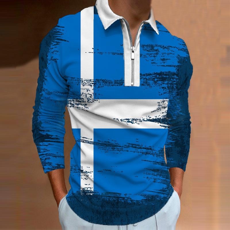 Autumn new mens solid color striped printed zipper polo mens polo shirt long sleeved T-shirt men