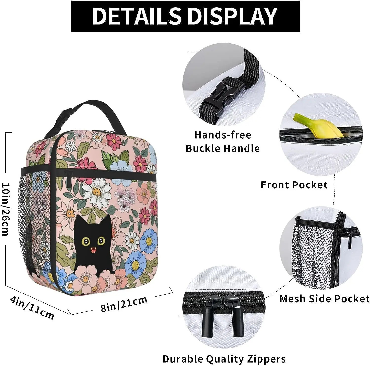 Black Cat Lunch Box Fun Bag for Children Teenagers Girl Adults Coolers Insulated Flower School Work Travel 250401