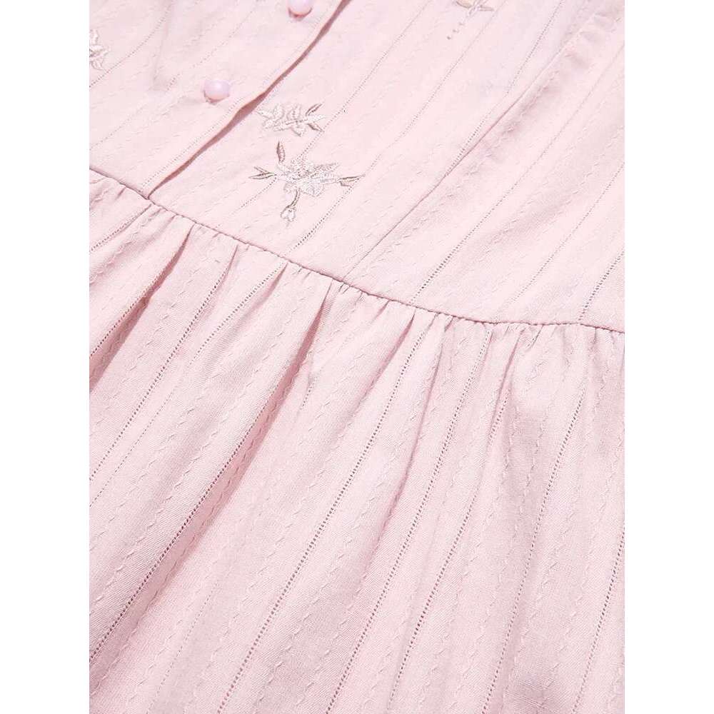 Women Dresses Summer Pink Embroidery Short Sleeve New Elegant Retro Slim Midi A-E Chic Dress
