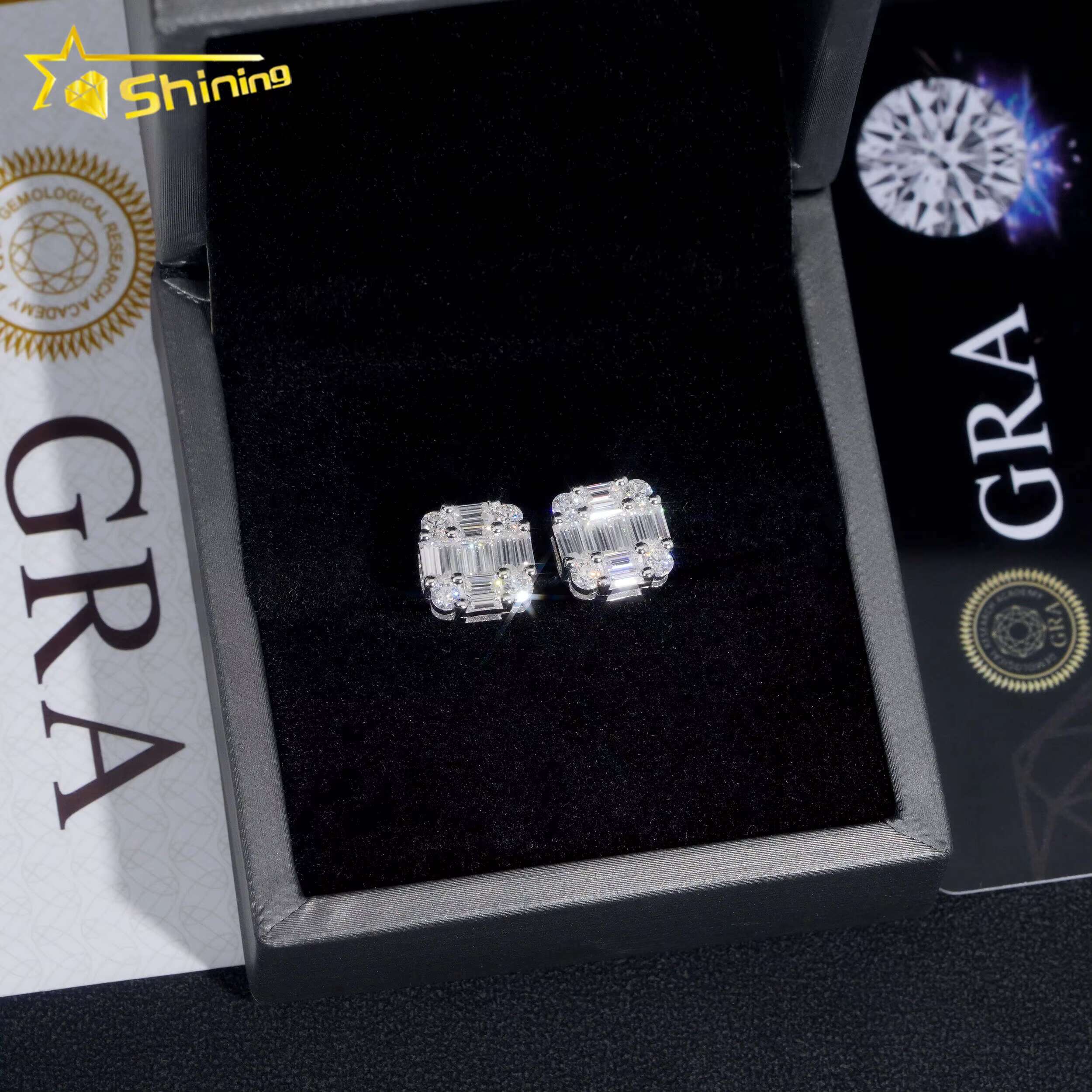 New Arrival Hip Hop Design Baguette Dia VVS Iced Out Moissanite Stud Earrings for Men