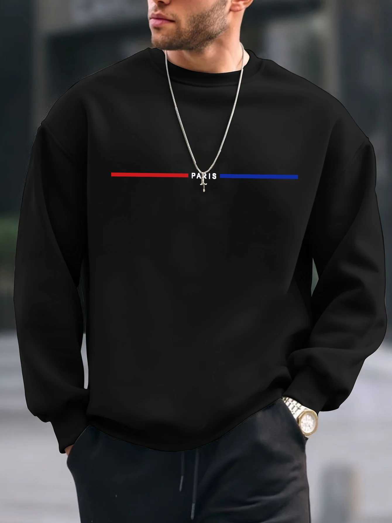 Mens autumn and winter thick velvet warm and fashionable casual loose Paris print round neck long sleeved pullover W251106