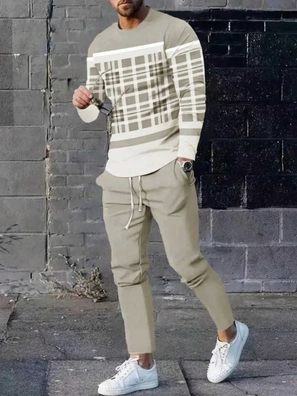 Fashionable mens summer striped pentagram print breathable round neck long sleeved pants set outdoor casual clothingXJ251106