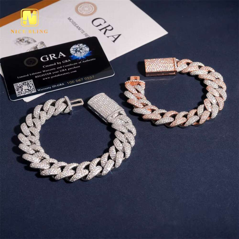 15mm Silver Plated Custom Iced Out VVS Moissanite 925 Silver Two Tone Hip Hop Style Jewelry Diamond Cuban Link Chain Bracelet
