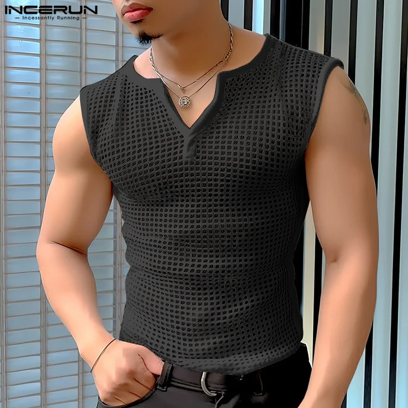 Mens Tank Top Mesh Hollow Solid V-neck Sleeveless Summer Mens Tank Top Transparent Fashion Mens Clothing INCERUN 250403