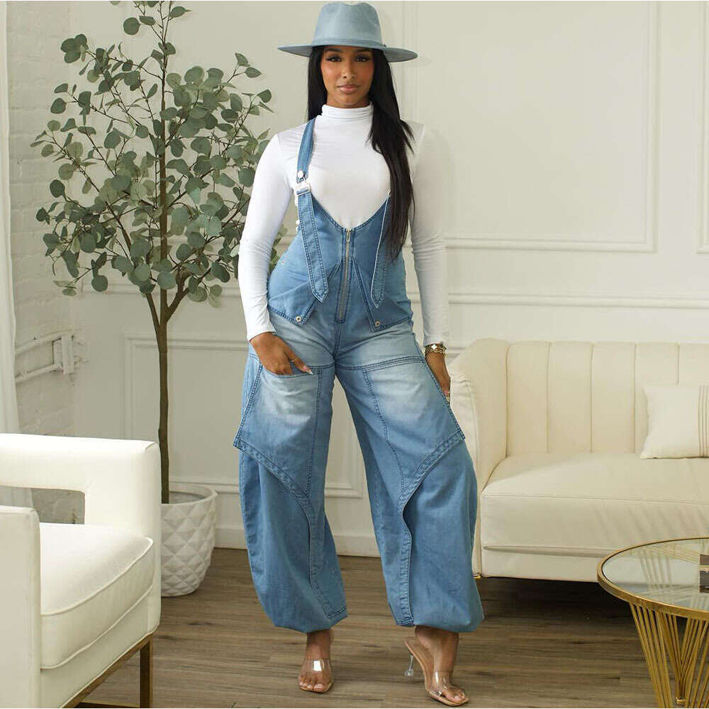 European and American Style Denim Overalls Amazon Cross-Border Autumn Winter Women's Street Casual Zipper Wide-Leg Jumpsuit Long Pants
