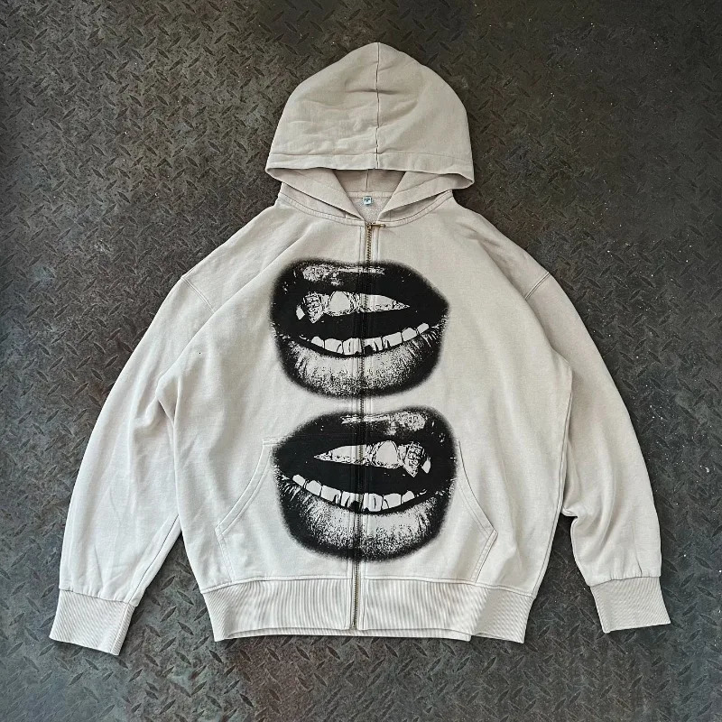 Y2K Zipper Retro Hoodie 2000s Printed Pattern Harajuku Hip Hop Street Clothing Casual Sports Shirt Gothic Fashion Top 250403