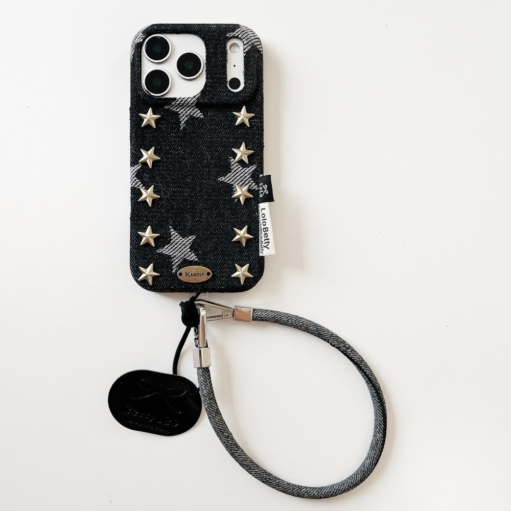 Punk Style Denim Rivet Star Phone Case Compatible with iPhone 17/16 Pro Solid Color Lanyard iPhone 15/14