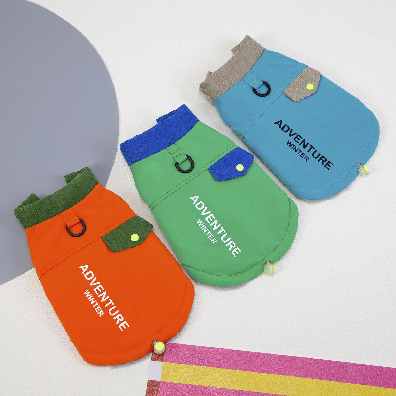 Adventure Winter Pet Vest with D-Ring & Reflective Detail, Letter-Embellished Colorful Warm Jacket for Small Dogs Like Bichon, Poodle, with Multiple C