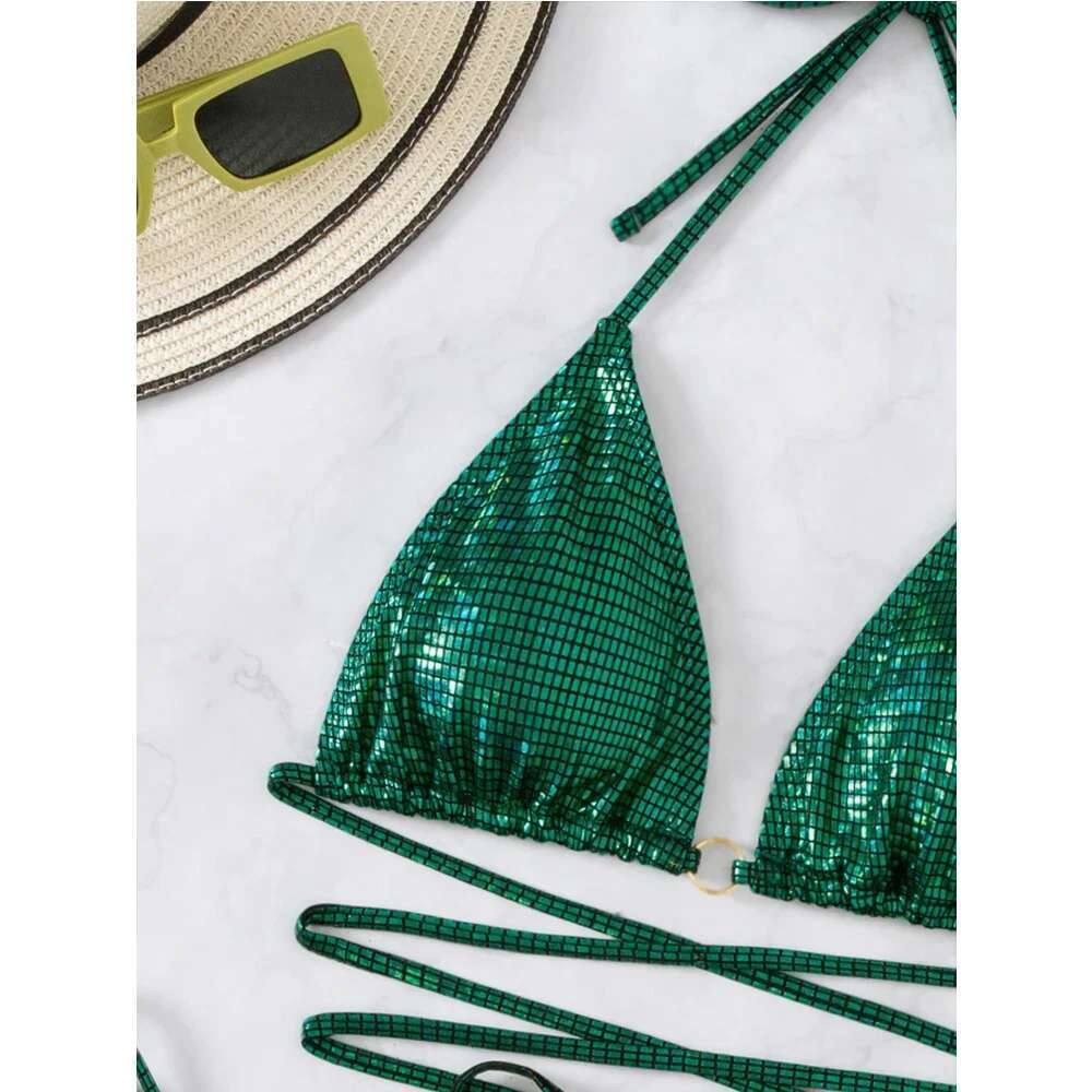 2024 Green Shiny Bikini Women 2-piece Low Waist Swimsuit Sexy Triangle Cup Suspender Backless Bathing Suit Summer Beach Swimwear