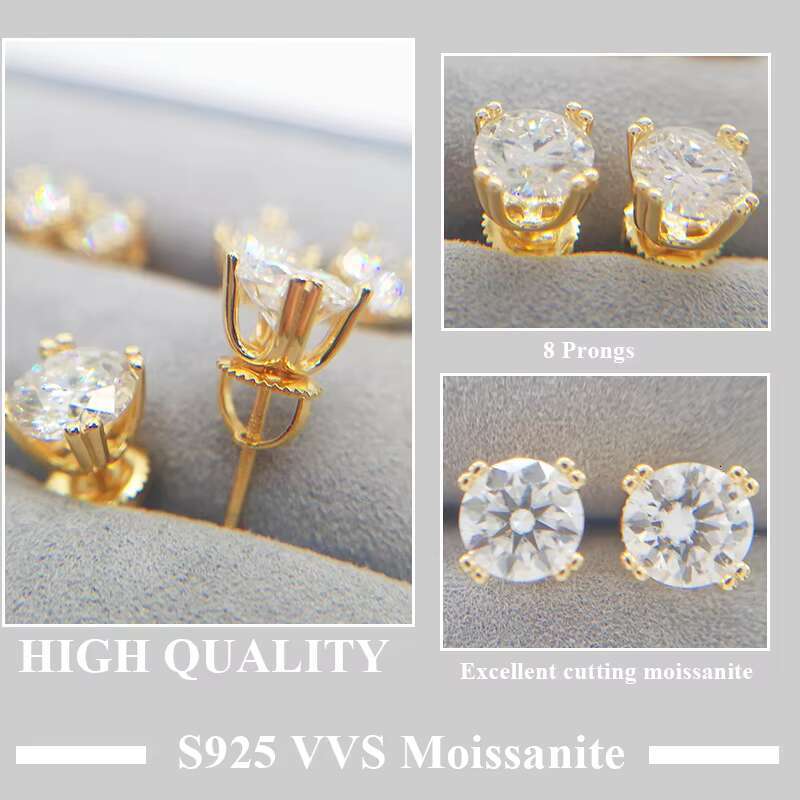 Hiphop Stud Earrings Sterling Silver 925 Jewellery 8 Prongs Screw Back Shining Moissanite Ring