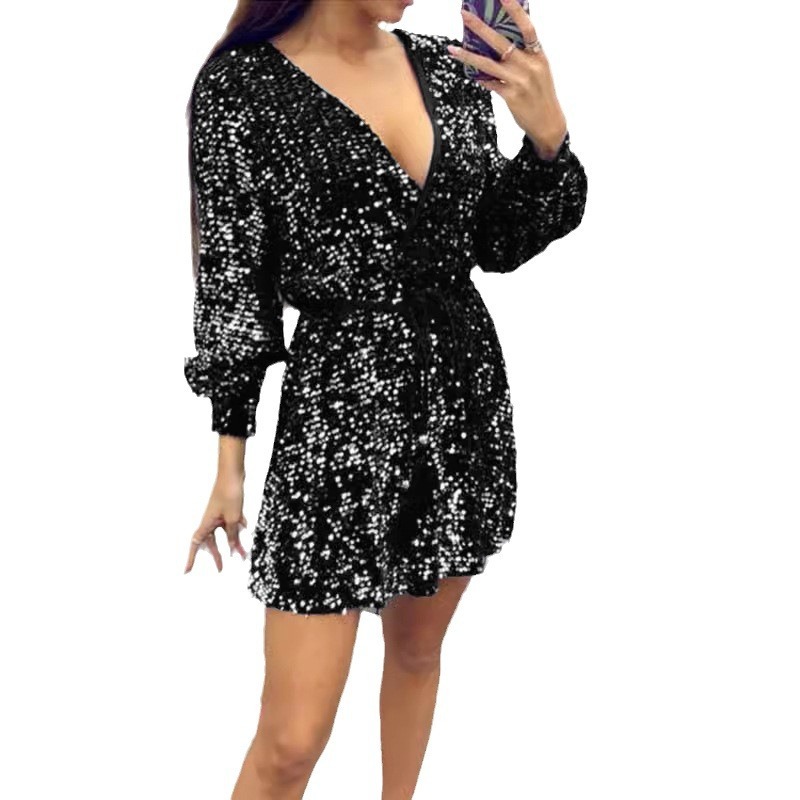 2025 Summer Womens Dress V-neck Fashion Glitter Waist Strap Bareback Short Skirt
