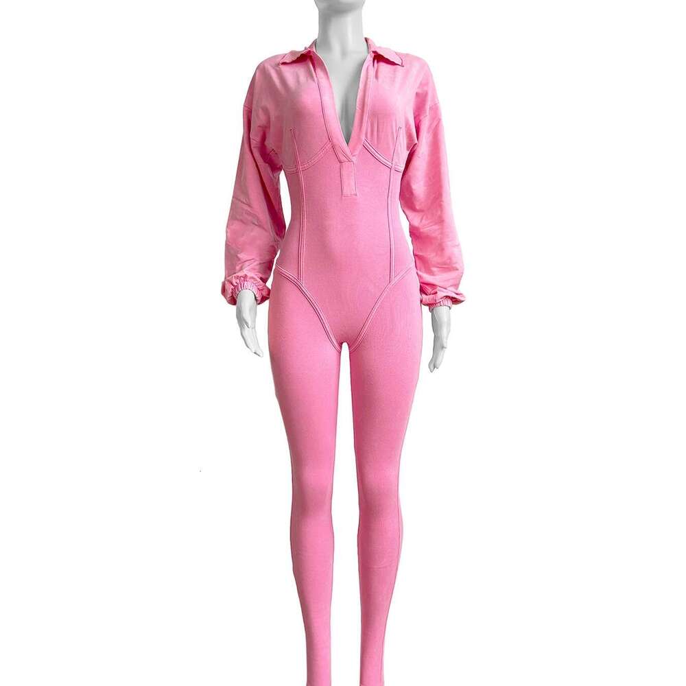 HR24102 European and American Fashion Women's Clothing Washed Vintage Sexy Deep V Tight Long Sleeve Autumn Winter Jumpsuit