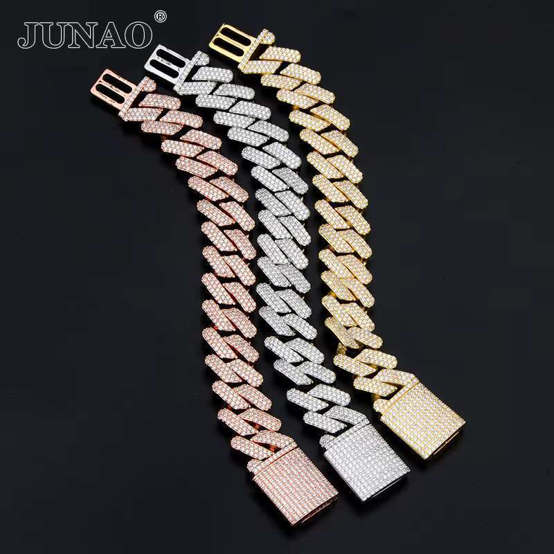JUNAO 20mm Width Sier Rose Gold Plated Brass Chain Hip Hop Cuban k Dia Bracelet Necklace Jewelry for Men and Women