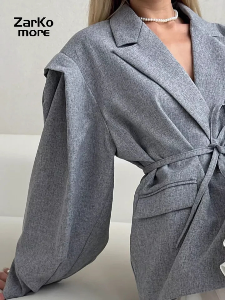 Elegant Grey Lace Up Womens Blazer Button Long Sleeve Lapel Suit Jackets Autumn Lady Loose Casual Outwear 251106