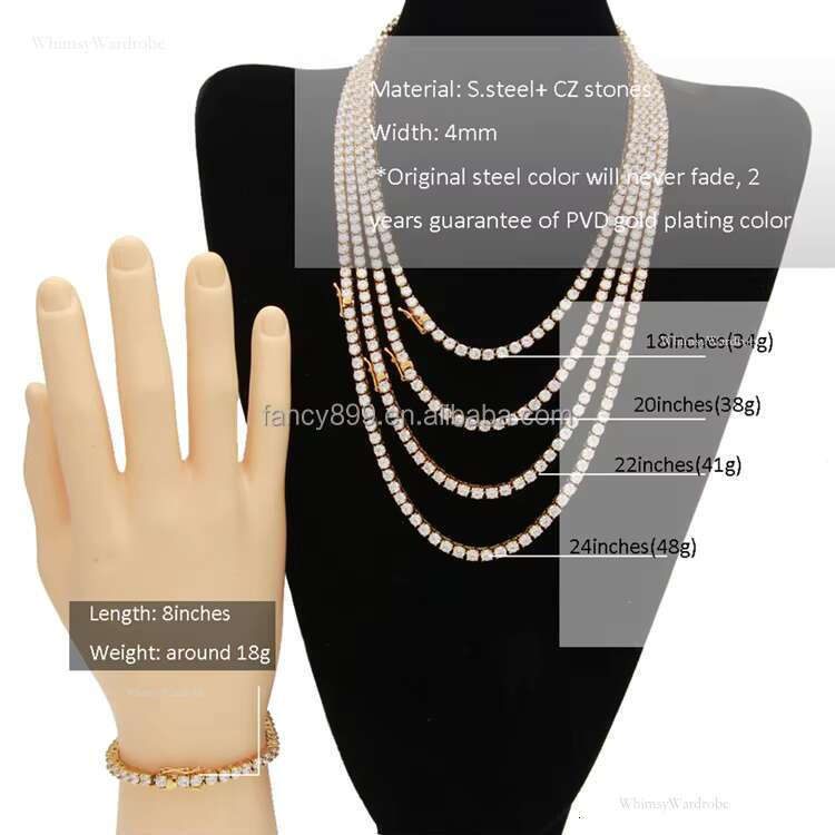 Stainless Steel Real Gold Plated Stone Necklace VVS Moissanite Tennis Chain